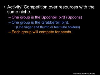 • Activity! Competition over resources with the
same niche.
– One group is the Spoonbill bird (Spoons)
– One group is the Grabberbill bird.
• (One finger and thumb or test tube holders)
– Each group will compete for seeds.
Copyright © 2010 Ryan P. Murphy
 