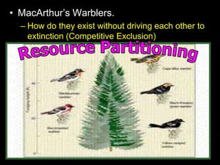 • MacArthur’s Warblers.
– How do they exist without driving each other to
extinction (Competitive Exclusion)
– Each species of warbler occupied a distinct part
of the tree and partitioned the resources.
 