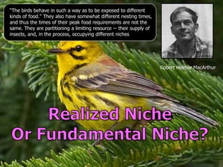 “The birds behave in such a way as to be exposed to different
kinds of food." They also have somewhat different nesting times,
and thus the times of their peak food requirements are not the
same. They are partitioning a limiting resource -- their supply of
insects, and, in the process, occupying different niches
Robert Helmer MacArthur
 