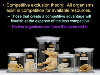 • Competitive exclusion theory: All organisms
exist in competition for available resources.
– Those that create a competitive advantage will
flourish at the expense of the less competitive.
– No two organisms can have the same niche.
 