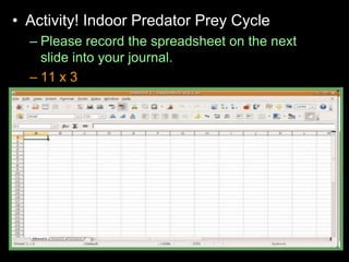• Activity! Indoor Predator Prey Cycle
– Please record the spreadsheet on the next
slide into your journal.
– 11 x 3
 