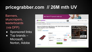 pricegrabber.com // 26M mth UV
Banners,
skyscrapers,
leaderboards
(via DFP)
● Sponsored links
● Top brands –
Microsoft,
Norton, Adobe

 