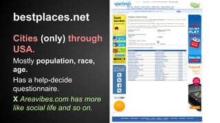 bestplaces.net
Cities (only) through
USA.
Mostly population, race,
age.
Has a help-decide
questionnaire.
X Areavibes.com has more
like social life and so on.

 