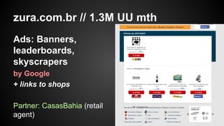 zura.com.br // 1.3M UU mth
Ads: Banners,
leaderboards,
skyscrapers
by Google
+ links to shops
Partner: CasasBahia (retail
agent)

 