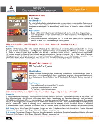 CompetitionBooks for
Chartered Accountancy
34 www.schandpublishing.com
Mercantile Laws
P P S Gogna
About the Book
The revised and enlarged edition of this book is a complete, comprehensive and unique presentation of basic elements
of Mercantile Laws. It illustrates the intricate legal provisions in a student-friendly and simple manner and is specifically
developed as per the old syllabus of CA-CPT issued by Board of studies, The Institute of Chartered Accountants of
India.
Key Features
•	 Chapter-end 'Key Points for Quick Revision' to enable students to have last minute glance at important topics
•	 Model test papers, Mock test papers and Revision test papers at book end comprising important questions to test
retention of concepts
•	 Strong chapter-end exercises comprising more than 1300 Multiple choice question, over 250 Objective type
questions and above 100 Fill in the blanks and pair matching questions
ISBN: 9788121928601 | Code: 1007D00438 | Price: ` 350.00 | Pages: 472 | Book Size: 6.75" X 9.5"
Contents
Part-I: The Indian Contract Act, 1872: 1. Nature and Kinds of Contracts, 2. Offer and Acceptance, 3. Consideration, 4. Capacity to Contract, 5. Free Consent,
6. Legality of Object and Consideration, 7. Void Agreements, 8. Contingent Contracts, 9. Quasi Contracts, 10. Performance of Contracts, 11. Discharge
of Contracts, 12. Breach of Contract, Part-II: The Sale of Goods Act, 1930: 13. Nature and Formation of Contract of Sale, 14. Conditions and Warranties,
15. Transfer of Ownership and Delivery of Goods, 16. Unpaid Seller and His Rights, Part-III: The Indian Partnership Act, 1932: 17. General Nature of Partnership,
18. Registration of a Firm, 19. Rights and Duties of Partners (Mutual Relations of Partners), 20. Liabilities of the Firm and its Partners and Reconstitution of a Firm,
21. Dissolution of a Firm, Part-IV: Model Test Papers, Part-V: Mock Test Series, Part-VI: Revision Test Papers • Appendix: Auction Sale
_______________________________________________________________________________________________________________________________________________
Grewal’s Accountancy
M P Gupta & B M Agarwal
About the Book
Grewal’s Accountancy provides conceptual knowledge and understanding of various principles and systems of
accounting and their practical application in different sets of business transactions. It has been specifically developed
as per the curriculum of Common Proficiency Test (CPT) conducted by The Institute of Chartered Accountants of
India.
Key Features
•	 Numerous illustrations to gain understanding of the concepts
•	 Large number of objective questions for practice
•	 Five Test Papers on objective question pattern
ISBN: 9788121928717 | Code: 1007D00443 | Price: ` 495.00 | Pages: 688 | Book Size: 6.75" X 9.5"
Contents
1. Theoretical Framework of Accounting, 2. Accounting Standards, Accounting Policies and Disclosures, 3. Accounting Process–Journal , 4. The Ledger, 5. Cash
Book, 6. Subsidiary Books, 7. Bills of Exchange and Promissory Notes, 8. Banking Transactions and Bank ,Reconciliation Statement, 9. Capital and Revenue,
10. Trial Balance and Rectification of Errors, 11. Inventory Valuation, 12. Depreciation Accounting, 13. Final Accounts, 14. Consignment Accounts, 15. Joint Venture
Accounts,16.Accountingfor‘GoodsSoldonApproval’or‘SaleorReturn’Basis,17.PartnershipAccounts–1DistributionofProfitsandAdjustments,18.Partnership
Accounts – 2 Admission of a Partner, 19. Partnership Accounts – 3 Retirement and Death of a Partner, 20. Issue and Forfeiture of Shares, 21. Redemption
of Preference Shares, 22. Issue of Debentures, 23. Contingental Assets and Contingent Liabilities • Test Papers • Model Test Papers (ICAI) • Revisionary Questions
M P Gupta, Director, Jagran College of Art, Science and Commerce and Visiting Faculty Member, Central India Regional Council of Institute of Chartered
Accountants of India, Kanpur and Kanpur Chapter of the Institute of Company Secretaries of India.
B M Agarwal, Formerly Head of Department- Commerce, DAV College and Visiting Faculty Member, Central India Regional Council of Institute of Chartered
Accountants of India, Kanpur and Kanpur Chapter of the Institute of Company Secretaries of India.
 