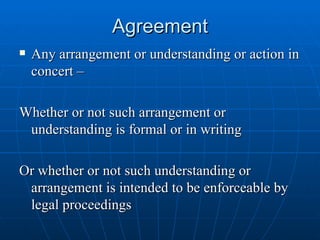 Agreement Any arrangement or understanding or action in concert – Whether or not such arrangement or understanding is formal or in writing Or whether or not such understanding or arrangement is intended to be enforceable by legal proceedings 