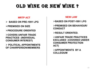 old wine or new wine ?

        MRTP ACT                   NEW LAW

 BASED ON PRE-1991 LPG    BASED ON POST-1991 LPG

PREMISED ON SIZE          PREMISED ON BEHAVIOUR/
                           CONDUCT
PROCEDURE ORIENTED
                           RESULT ORIENTED.
COVERS UNFAIR TRADE
PRACTICES (INDIVIDUAL      UNFAIR TRADE PRACTICES
CONSUMER INTEREST)         EXCLUDED (COVERED UNDER
                           CONSUMER PROTECTION
 POLITICAL APPOINTMENTS   ACT)
OF CHAIRPERSON/MEMBERS
                           APPOINTMENTS BY A
                           COLLEGIUM




                                                     17
 