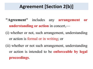 Agreement [Section 2(b)]
"Agreement" includes any arrangement or
understanding or action in concert,—
(i) whether or not, such arrangement, understanding
or action is formal or in writing; or
(ii) whether or not such arrangement, understanding
or action is intended to be enforceable by legal
proceedings.
 