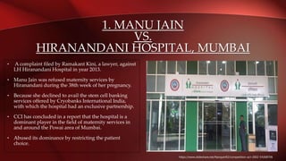 1. MANU JAIN
VS.
HIRANANDANI HOSPITAL, MUMBAI
• A complaint filed by Ramakant Kini, a lawyer, against
LH Hiranandani Hospital in year 2013.
• Manu Jain was refused maternity services by
Hiranandani during the 38th week of her pregnancy.
• Because she declined to avail the stem cell banking
services offered by Cryobanks International India,
with which the hospital had an exclusive partnership.
• CCI has concluded in a report that the hospital is a
dominant player in the field of maternity services in
and around the Powai area of Mumbai.
• Abused its dominance by restricting the patient
choice.
https://www.slideshare.net/Narayan92/competition-act-2002-54368706
 
