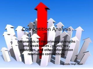 Competition Analysis

An analysis of the primary strengths
   and weaknesses , objectives ,
 strategies, and other information
      relative to competitors.

                          Jackwinder Singh Uppal
 