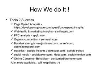 How We do It !
• Tools 2 Success
 Page Speed Analysis https://developers.google.com/speed/pagespeed/insights/
 Web traffic & marketing insights - similarweb.com
 PPC analysis - spyfu.com
 Organic competition - semrush.com
 Backlink strength - majesticseo.com ; ahref.com ;
opensiteexplorer.com
 statistics - google insights ; statscorp.com ; google trends
 social media - socialbaker.com ; klout.com ; socialmention.com
 Online Consumer Behaviour - consumerbarometer.com
A lot more available... will keep listing :-)

 
