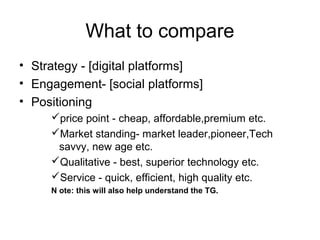 What to compare
• Strategy - [digital platforms]
• Engagement- [social platforms]
• Positioning
price point - cheap, affordable,premium etc.
Market standing- market leader,pioneer,Tech
savvy, new age etc.
Qualitative - best, superior technology etc.
Service - quick, efficient, high quality etc.
N ote: this will also help understand the TG.

 