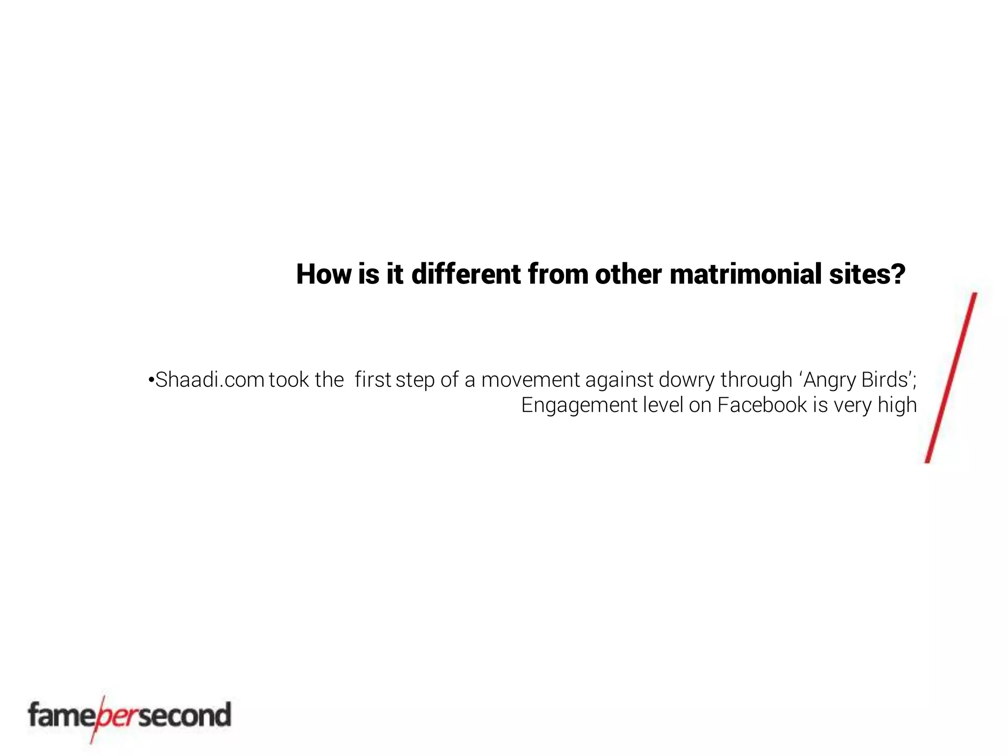 How is it different from other matrimonial sites?
•Shaadi.com took the first step of a movement against dowry through ‘Angry Birds’;
Engagement level on Facebook is very high
 