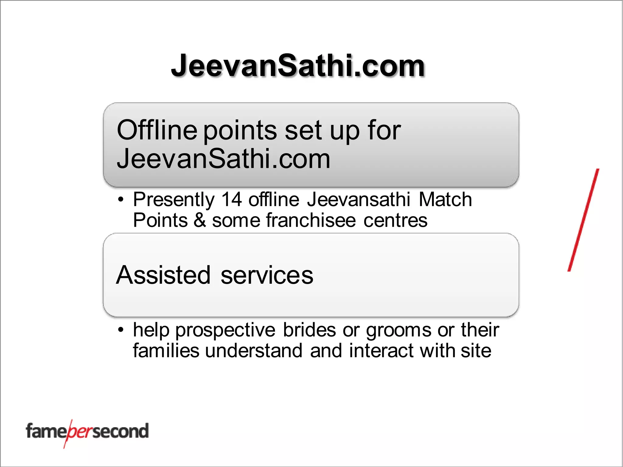 JeevanSathi.com
Offline points set up for
JeevanSathi.com
• Presently 14 offline Jeevansathi Match
Points & some franchisee centres
Assisted services
• help prospective brides or grooms or their
families understand and interact with site
 