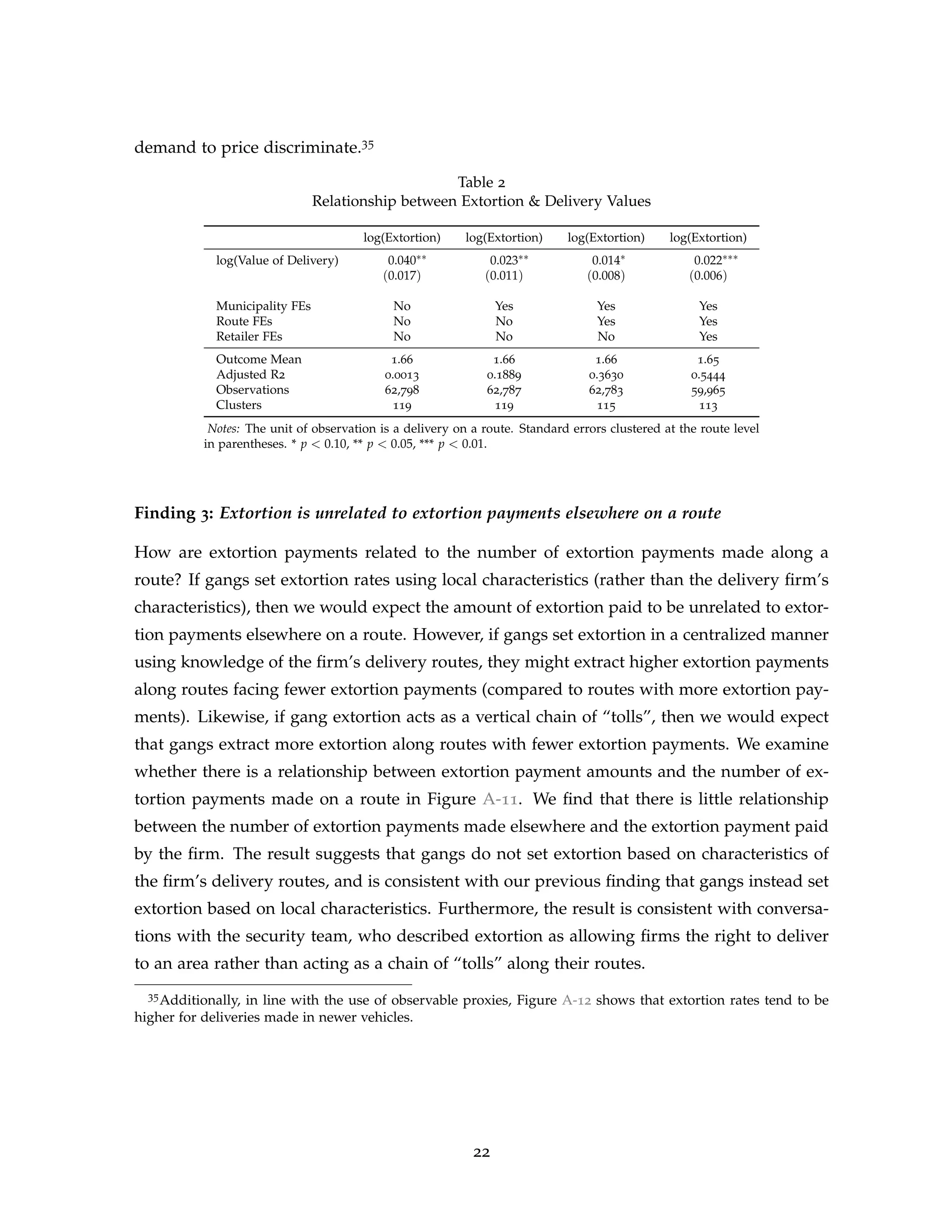 demand to price discriminate.35
Table 2
Relationship between Extortion  Delivery Values
log(Extortion) log(Extortion) log(Extortion) log(Extortion)
log(Value of Delivery) 0.040∗∗ 0.023∗∗ 0.014∗ 0.022∗∗∗
(0.017) (0.011) (0.008) (0.006)
Municipality FEs No Yes Yes Yes
Route FEs No No Yes Yes
Retailer FEs No No No Yes
Outcome Mean 1.66 1.66 1.66 1.65
Adjusted R2 0.0013 0.1889 0.3630 0.5444
Observations 62,798 62,787 62,783 59,965
Clusters 119 119 115 113
Notes: The unit of observation is a delivery on a route. Standard errors clustered at the route level
in parentheses. * p  0.10, ** p  0.05, *** p  0.01.
Finding 3: Extortion is unrelated to extortion payments elsewhere on a route
How are extortion payments related to the number of extortion payments made along a
route? If gangs set extortion rates using local characteristics (rather than the delivery firm’s
characteristics), then we would expect the amount of extortion paid to be unrelated to extor-
tion payments elsewhere on a route. However, if gangs set extortion in a centralized manner
using knowledge of the firm’s delivery routes, they might extract higher extortion payments
along routes facing fewer extortion payments (compared to routes with more extortion pay-
ments). Likewise, if gang extortion acts as a vertical chain of “tolls”, then we would expect
that gangs extract more extortion along routes with fewer extortion payments. We examine
whether there is a relationship between extortion payment amounts and the number of ex-
tortion payments made on a route in Figure A-11. We find that there is little relationship
between the number of extortion payments made elsewhere and the extortion payment paid
by the firm. The result suggests that gangs do not set extortion based on characteristics of
the firm’s delivery routes, and is consistent with our previous finding that gangs instead set
extortion based on local characteristics. Furthermore, the result is consistent with conversa-
tions with the security team, who described extortion as allowing firms the right to deliver
to an area rather than acting as a chain of “tolls” along their routes.
35Additionally, in line with the use of observable proxies, Figure A-12 shows that extortion rates tend to be
higher for deliveries made in newer vehicles.
22
 