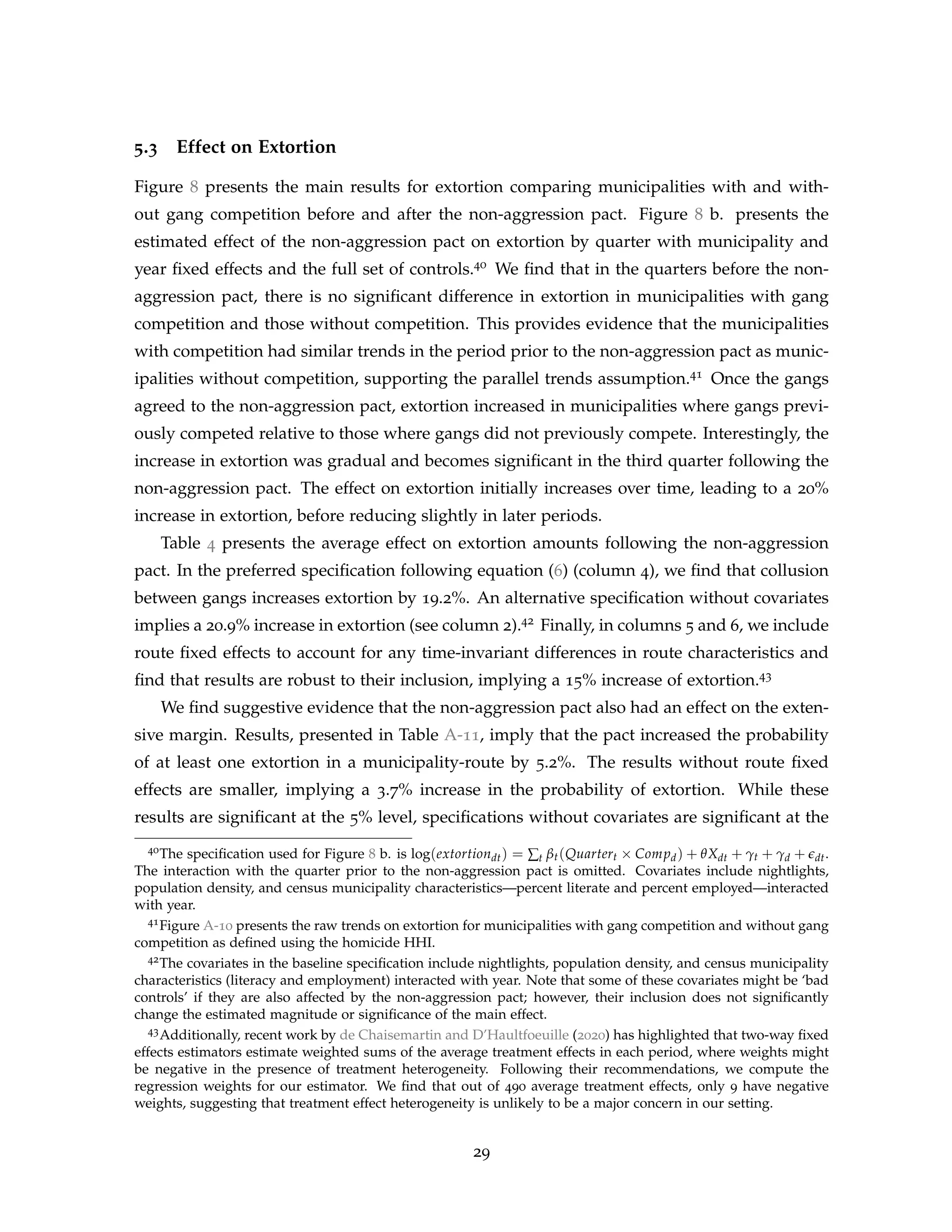 5.3 Effect on Extortion
Figure 8 presents the main results for extortion comparing municipalities with and with-
out gang competition before and after the non-aggression pact. Figure 8 b. presents the
estimated effect of the non-aggression pact on extortion by quarter with municipality and
year fixed effects and the full set of controls.40 We find that in the quarters before the non-
aggression pact, there is no significant difference in extortion in municipalities with gang
competition and those without competition. This provides evidence that the municipalities
with competition had similar trends in the period prior to the non-aggression pact as munic-
ipalities without competition, supporting the parallel trends assumption.41 Once the gangs
agreed to the non-aggression pact, extortion increased in municipalities where gangs previ-
ously competed relative to those where gangs did not previously compete. Interestingly, the
increase in extortion was gradual and becomes significant in the third quarter following the
non-aggression pact. The effect on extortion initially increases over time, leading to a 20%
increase in extortion, before reducing slightly in later periods.
Table 4 presents the average effect on extortion amounts following the non-aggression
pact. In the preferred specification following equation (6) (column 4), we find that collusion
between gangs increases extortion by 19.2%. An alternative specification without covariates
implies a 20.9% increase in extortion (see column 2).42 Finally, in columns 5 and 6, we include
route fixed effects to account for any time-invariant differences in route characteristics and
find that results are robust to their inclusion, implying a 15% increase of extortion.43
We find suggestive evidence that the non-aggression pact also had an effect on the exten-
sive margin. Results, presented in Table A-11, imply that the pact increased the probability
of at least one extortion in a municipality-route by 5.2%. The results without route fixed
effects are smaller, implying a 3.7% increase in the probability of extortion. While these
results are significant at the 5% level, specifications without covariates are significant at the
40The specification used for Figure 8 b. is log(extortiondt) = ∑t βt(Quartert × Compd) + θXdt + γt + γd + edt.
The interaction with the quarter prior to the non-aggression pact is omitted. Covariates include nightlights,
population density, and census municipality characteristics—percent literate and percent employed—interacted
with year.
41Figure A-10 presents the raw trends on extortion for municipalities with gang competition and without gang
competition as defined using the homicide HHI.
42The covariates in the baseline specification include nightlights, population density, and census municipality
characteristics (literacy and employment) interacted with year. Note that some of these covariates might be ‘bad
controls’ if they are also affected by the non-aggression pact; however, their inclusion does not significantly
change the estimated magnitude or significance of the main effect.
43Additionally, recent work by de Chaisemartin and D’Haultfoeuille (2020) has highlighted that two-way fixed
effects estimators estimate weighted sums of the average treatment effects in each period, where weights might
be negative in the presence of treatment heterogeneity. Following their recommendations, we compute the
regression weights for our estimator. We find that out of 490 average treatment effects, only 9 have negative
weights, suggesting that treatment effect heterogeneity is unlikely to be a major concern in our setting.
29
 