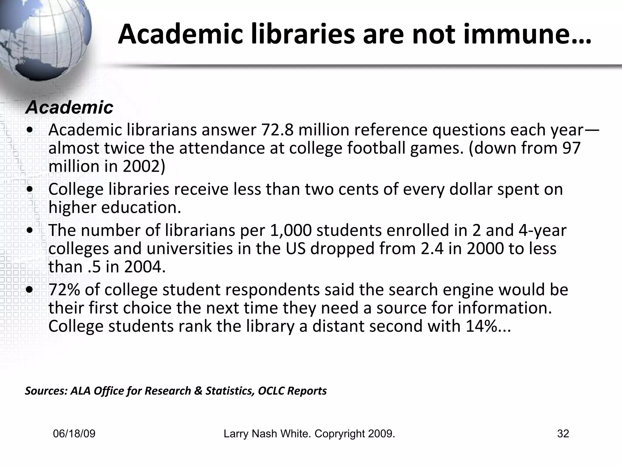 Academic libraries are not immune… Academic Academic librarians answer 72.8 million reference questions each year—almost twice the attendance at college football games. (down from 97 million in 2002) College libraries receive less than two cents of every dollar spent on higher education. The number of librarians per 1,000 students enrolled in 2 and 4-year colleges and universities in the US dropped from 2.4 in 2000 to less than .5 in 2004.  72% of college student respondents said the search engine would be their first choice the next time they need a source for information. College students rank the library a distant second with 14%... Sources: ALA Office for Research & Statistics, OCLC Reports 