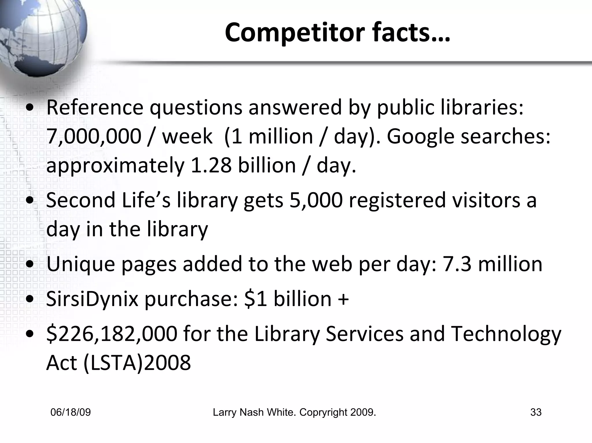 Competitor facts… Reference questions answered by public libraries: 7,000,000 / week  (1 million / day). Google searches: approximately 1.28 billion / day.  Second Life’s library gets 5,000 registered visitors a day in the library Unique pages added to the web per day: 7.3 million SirsiDynix purchase: $1 billion + $226,182,000 for the Library Services and Technology Act (LSTA)2008 