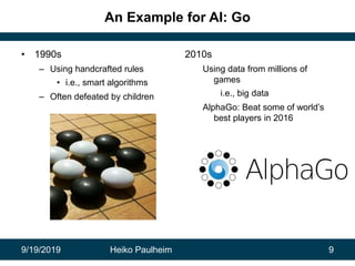 9/19/2019 Heiko Paulheim 9
An Example for AI: Go
• 1990s
– Using handcrafted rules
• i.e., smart algorithms
– Often defeated by children
2010s
Using data from millions of
games
i.e., big data
AlphaGo: Beat some of world’s
best players in 2016
 