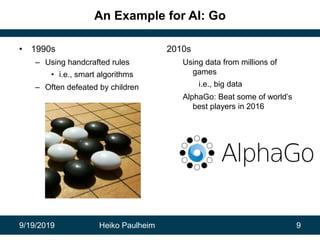 9/19/2019 Heiko Paulheim 9
An Example for AI: Go
• 1990s
– Using handcrafted rules
• i.e., smart algorithms
– Often defeat...