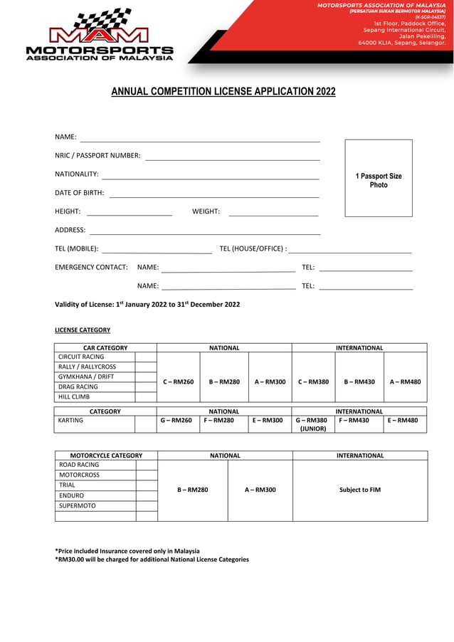 MAM Motorsport Competition license application form 2022 PDF