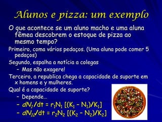Alunos e pizza: um exemplo
O que acontece se um aluno macho e uma aluna
  fêmea descobrem o estoque de pizza ao
  mesmo tempo?
Primeiro, coma vários pedaços. (Uma aluna pode comer 5
  pedaços)
Segundo, espalha a notícia a colegas
   – Mas não exagere!
Terceiro, a republica chega a capacidade de suporte em
  x homens e y mulheres.
Qual é a capacidade de suporte?
   – Depende…
   – dN1 /dt = r1N1 [(K1 – N1)/K1]
   – dN12/dt = r2N2 [(K2 – N2)/K2]
 