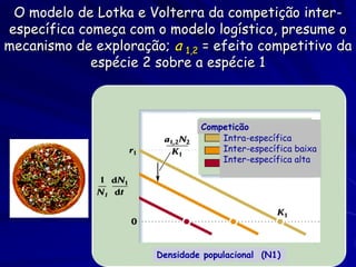 O modelo de Lotka e Volterra da competição inter-
específica começa com o modelo logístico, presume o
mecanismo de exploração; a 1,2 = efeito competitivo da
             espécie 2 sobre a espécie 1



                                Competição
                                    Intra-específica
                                    Inter-específica baixa
                                    Inter-específica alta




                       Densidade populacional (N1)
 