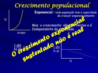 Crescimento populacional
                Exponencial – toda população tem a capacidade
                                de crescer exponencialmente
N
               Mas o crescimento não tem limites e é
               Independente da densidade
      tempo


    1 dN = r
                             1 dN
    N dt
                             N dt


                                         N
 