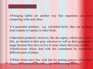 17
Foraging habits are another way that organisms can avert
competing with each other.
A generalist predator; e.g red-tailed hawk, they eat anything
from rodents to reptiles to other birds.
Specialist predators, however, like the osprey, which eats strictly
fish, are limited in their prey selection as well as their geographic
range because they have to live in areas where their prey resides.
Herbivorous rhinos deal with this conundrum by consuming
different parts of plants.
White rhinos have flat, wide lips for grazing grasses while black
rhinos have pointed, dexterous lips for browsing shrubs.
FORAGING
 