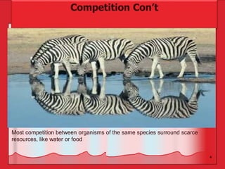 4
.
Competition Con’t
Most competition between organisms of the same species surround scarce
resources, like water or food
 