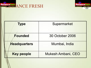 RELIANCE FRESH
Type Supermarket
Founded 30 October 2006
Headquarters Mumbai, India
Key people Mukesh Ambani, CEO
 