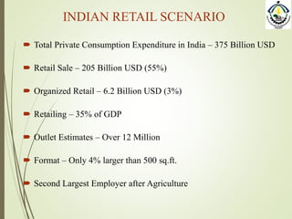 INDIAN RETAIL SCENARIO
 Total Private Consumption Expenditure in India – 375 Billion USD
 Retail Sale – 205 Billion USD (55%)
 Organized Retail – 6.2 Billion USD (3%)
 Retailing – 35% of GDP
 Outlet Estimates – Over 12 Million
 Format – Only 4% larger than 500 sq.ft.
 Second Largest Employer after Agriculture
 