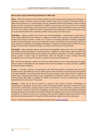 Competition and regulation in a converged broadband world 
Box 8: Criteria used in determining ‘dominance’ or SMP, 2011 
Africa – While few countries such as Congo and Mali use only market shares to determine dominance, a 
significant number of African countries consider market share and the control of essential facilities in 
determining dominance, for example Niger, Burundi, Equatorial Guinea and Zimbabwe. Ghana considers 
barriers to entry and potential competition in addition to the market share and control of an essential 
facility (and the market share at which dominance is considered ranges from between 25 per cent and 65 
per cent). The majority of NRAs from Africa responded that they undertake a review of dominant status 
on an annual basis while others undertake periodic reviews every two to three years. 
Arab-States – Algeria considers only market share and acknowledges a market player as dominant if it 
holds a share above 50 per cent. However, in addition to market share, countries such as Bahrain and the 
United Arab Emirates consider a wider set of criteria for assessing dominance including: geography, 
control of essential facilities, easy access to financial resources, economies of scale and scope, barriers to 
entry, potential competition, technological advantages or superiority. Periodic review of dominant status 
ranges from every year in Kuwait and Sudan, to as long as every five years in Saudi Arabia. 
Asia-Pacific – India, Indonesia, Pakistan and Viet Nam acknowledge market shares only, each setting the 
threshold for dominance between 25 and 30 per cent. In addition to market shares, Japan considers only 
the control of an essential facility and Fiji considers only potential competition. In contrast, Singapore and 
Samoa consider a wider range of determinants while the Republic of Korea includes non-price 
competition such as the level of innovation, investment and consumer satisfaction. 
CIS – CIS countries generally consider more than just market share, but not as comprehensively as regions 
such as Europe. In Azerbaijan the only stated criterion was the operator’s or service provider’s capability 
to influence market conditions. 
Europe – In Europe, countries are governed by the Telecommunications Framework laid out by the 
European Union, and while each country’s NRA may have some discretion in the factors they will consider 
when assessing SMP, survey results show that all countries consider a wide range of factors in addition to 
market share. Taking account of factors such as potential for competition, barriers to entry, control of an 
essential facility allow NRAs to establish the ability of an operator to exert its market power. Reviews 
typically take place every two to three years. 
Americas – While the US did not provide an answer to this question, Canada acknowledged its 
consideration of geography, market share, control of essential facilities, economies of scale and scope, 
and barriers to entry when assessing market power and dominance. In Latin America, several countries 
such as Bolivia, Costa Rica, Dominica and Paraguay consider only market share with defined thresholds 
standing at between 25 and 40 per cent. While Trinidad and Tobago put the onus on the dominant player 
to apply for its dominant status to be reviewed if they felt that updated analysis would result in their 
dominant status being revoked. The majority of NRAs undertake regular reviews every two years. 
Source: ITU World Telecommunication/ICT Regulatory database 2011, www.itu.int/icteye. 
30 
 