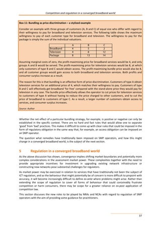 Competition and regulation in a converged broadband world 
Box 11: Bundling as price discrimination – a stylized example 
Consider an example with three groups of customers (A, B and C) of equal size who differ with regard to 
their willingness to pay for broadband and television services. The following table shows the maximum 
willingness to pay of each customer type for broadband and television. The willingness to pay for the 
package is simply the sum of the individual valuations. 
Assuming marginal costs of zero, the profit-maximising price for broadband services would be 4, and only 
groups A and B would be served. The profit-maximising price for television services would be 8, at which 
only customers of type B and C would obtain access. The profit-maximising bundle price would also be 8, 
and all customer groups would gain access to both broadband and television services. Both profits and 
consumer surplus increase as a result. 
The reason for this is that bundling is an effective form of price discrimination. Customers of type A obtain 
television services for an additional price of 4, which matches their willingness to pay. Customers of type 
B and C will effectively get broadband ‘for free’ compared with the stand-alone price they would pay for 
television in any case. The bundle price effectively allows the operator to cut prices for television services 
to customers of type A without having to reduce the price charged to other customers, and to cut the 
price of broadband to customers of type C. As a result, a larger number of customers obtain access to 
services, and consumer surplus increases. 
Source: Author 
Whether the net effect of a particular bundling strategy, for example, is positive or negative can only be 
established in the specific context. There are no hard and fast rules that would allow one to separate 
‘good’ from ‘bad’ practices. This makes it difficult to come up with clear rules that could be imposed in the 
form of regulatory obligation in the same way that, for example, an access obligation can be imposed on 
an SMP operator. 
The question what remedies have traditionally been imposed on SMP operators, and how this might 
change in a converged broadband world, is the subject of the next section. 
5 Regulation in a converged broadband world 
As the above discussion has shown, convergence implies shifting market boundaries and potentially more 
complex considerations in the assessment market power. These complexities together with the need to 
provide appropriate incentives for investment in upgrading existing network infrastructure or 
constructing new networks pose substantial challenges for regulators. 
As market power may be exercised in relation to services that have traditionally not been the subject of 
ICT regulation, and as the behaviour that might potentially be of concern is more difficult to pinpoint with 
accuracy, it will become increasingly difficult to define ex-ante where problems might arise. Rather than 
extending the scope of regulation to cover all forms of behaviour that could conceivably frustrate 
competition or harm consumers, there may be scope for a greater reliance on ex-post application of 
competition law. 
This section discusses the new roles to be played by NRAs and NCAs with regard to regulation of SMP 
operators with the aim of providing some guidance for practitioners. 
37 
 