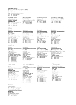 Office of the Director 
Telecommunication Development Bureau (BDT) 
Place des Nations 
CH-1211 Geneva 20 
Email: mailto:bdtdirector@itu.int 
Tel.: +41 22 730 5035/5435 
Fax.: +41 22 730 5484 
Deputy to the Director 
and Administration and 
Operations Coordination 
Department (DDR) 
Email: bdtdeputydir@itu.int 
Tel.: +41 22 730 5784 
Fax: +41 22 730 5484 
Infrastructure Enabling 
Environmnent and 
E-Applications Department (IEE) 
Email: bdtiee@itu.int 
Tel.: +41 22 730 5421 
Fax: +41 22 730 5484 
Innovation and Partnership 
Department (IP) 
Email: bdtip@itu.int 
Tel.: +41 22 730 5900 
Fax: +41 22 730 5484 
Project Support and Knowledge 
Management Department (PKM) 
Email: bdtpkm@itu.int 
Tel.: +41 22 730 5447 
Fax: +41 22 730 5484 
Africa 
Ethiopia 
International Telecommunication 
Union (ITU) 
Regional Office 
P.O. Box 60 005 
Gambia Rd. Leghar ETC Bldg 3rd Floor 
Addis Ababa – Ethiopia 
E-mail: itu-addis@itu.int 
Tel.: +251 11 551 49 77 
Tel.: +251 11 551 48 55 
Tel.: +251 11 551 83 28 
Fax.: +251 11 551 72 99 
Americas 
Brazil 
International Telecommunication 
Union (ITU) 
Cameroon 
Union internationale des 
télécommunications (UIT) 
Bureau de zone 
Immeuble CAMPOST, 3ème étage 
Boulevard du 20 mai 
Boîte postale 11017 
Yaoundé – Cameroun 
E-mail: itu-yaounde@itu.int 
Tel.: + 237 22 22 92 92 
Tel.: + 237 22 22 92 91 
Fax.: + 237 22 22 92 97 
Barbados 
International Telecommunication 
Union (ITU) 
Senegal 
Union internationale des 
télécommunications (UIT) 
Bureau de zone 
Immeuble Fayçal, 4ème Etage 
19, Rue Parchappe x Amadou Assane 
Ndoye 
Boîte postale 50202 Dakar RP 
Dakar – Sénégal 
E-mail: itu-dakar@itu.int 
Tel.: +221 33 849 77 20 
Fax.: +221 33 822 80 13 
Chile 
Unión Internacional de 
Telecomunicaciones (UIT) 
Zimbabwe 
International Telecommunication 
Union (ITU) 
Area Office 
TelOne Centre for Learning 
Corner Samora Machel 
and Hampton Road 
P.O. Box BE 792 
Belvedere Harare, Zimbabwe 
E-mail: itu-harare@itu.int 
Tel.: +263 4 77 59 41 
Tel.: +263 4 77 59 39 
Fax. +263 4 77 12 57 
Honduras 
Unión Internacional de 
Telecomunicaciones (UIT) 
Regional Office Area Office Oficina de Representación de Área Oficina de Representación de Área 
SAUS Quadra 06 Bloco “E” 
United Nations House 
11 andar – Ala Sul 
Marine Gardens 
Ed. Luis Eduardo Magalhães (AnaTel.) – 
Hastings – Christ Church 
CEP 70070-940 – Brasilia – DF – Brasil 
P.O. Box 1047 
E-mail: itubrasilia@itu.int 
Bridgetown – Barbados 
Tel.: +55 61 2312 2730 
E-mail: itubridgetown@itu.int 
Tel.: +55 61 2312 2733 
Tel.: +1 246 431 0343/4 
Tel.: +55 61 2312 2735 
Fax.: +1 246 437 7403 
Tel.: +55 61 2312 2736 
Fax.: +55 61 2312 2738 
Arab States 
Egypt 
International Telecommunication 
Union (ITU) 
Regional Office 
c/o National Telecommunications 
Institute Bldg (B 147) 
Smart Village – Km 28 
Cairo – Alexandria Desert Road 
6th October Governorate – Egypt 
E-mail: itucairo@itu.int 
Tel.: +20 2 35 37 17 77 
Fax.: +20 2 35 37 18 88 
Asia and the Pacific 
Thailand 
International Telecommunication 
Union (ITU) 
Regional Office 
3rd Floor Building 6, 
TOT Public Co., Ltd 
89/2 Chaengwattana Road, Laksi 
Bangkok 10210 – Thailand 
Mailing address: 
P.O. Box 178, Laksi Post Office 
Bangkok 10210, Thailand 
E-mail: itubangkok@itu.int 
Tel.: +66 2 574 8565/9 
Tel.: +66 2 574 9326/7 
Fax.: +66 2 574 9328 
Merced 753, Piso 4 
Casilla 50484 – Plaza de Armas 
Santiago de Chile – Chile 
E-mail: itusantiago@itu.int 
Tel.: +56 2 632 6134/6147 
Fax.: +56 2 632 6154 
Indonesia 
International Telecommunication 
Union (ITU) 
Area Office 
Sapta Pesona Building, 13th floor 
JI. Merdeka Barat No. 17 
Jakarta 10110 – Indonesia 
Mailing address: 
c/o UNDP – P.O. Box 2338 
Jakarta – Indonesia 
E-mail: itujakarta@itu.int 
Tel.: +62 21 381 35 72 
Tel.: +62 21 380 23 22 
Tel.: +62 21 380 23 24 
Fax.: +62 21 389 05 521 
Colonia Palmira, Avenida Brasil 
Edificio COMTELCA/UIT 4 Piso 
P.O. Box 976 
Tegucigalpa – Honduras 
E-mail: itutegucigalpa@itu.int 
Tel.: +504 2 201 074 
Fax. +504 2 201 075 
CIS countries 
Russian Federation 
International Telecommunication 
Union (ITU) 
Area Office 
4, building 1 
Sergiy Radonezhsky Str. 
Moscow 105120 
Russian Federation 
Mailing address: 
P.O. Box 25 – Moscow 105120 
Russian Federation 
E-mail: itumoskow@itu.int 
Tel.: +7 495 926 60 70 
Fax. +7 495 926 60 73 
Europe 
Switzerland 
International Telecommunication 
Union ( ITU) Europe Unit EUR 
Telecommunication Development 
Bureau BDT 
Place des Nations 
CH-1211 Geneva 20 – Switzerland 
E-mail: eurregion@itu.int 
Tel.: +41 22 730 5111 
 