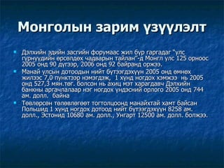 Монголын зарим үзүүлэлт Дэлхийн эдийн засгийн форумаас жил бүр гаргадаг “улс гүрнүүдийн өрсөлдөх чадварын тайлан”-д Монгл улс 125 орноос 2005 онд 90 дүгээр, 2006 онд 92 байранд оржээ.  Манай улсын дотоодын нийт бүтээгдэхүүн 2005 онд өмнөх жилээс 7,0 пунктээр нэмэгдэж,  1 хүнд ногдох хэмжээ  нь 2005 онд 527,3 мян.төг. болсон нь ахиц мэт харагдавч Дэлхийн банкны аргачлалаар нэг ногдох үндэсний орлого 2005 онд 744 ам. долл.  байна  Төвлөрсөн төлөвлөгөөт тогтолцоонд манайхтай хамт байсан Польшид 1 хүнд ногдох дотоод нийт бүтээгдэхүүн 8258 ам. долл., Эстонид 10680 ам. долл., Унгарт 12500 ам. долл. болжээ.  