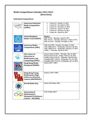 Maths Competitions Calendar 2012-2013
                          (Overview)

Individual Competitions

           American Scholastic           Contest #1 - October 11, 2012
           Maths Competition             Contest #2 - November 8, 2012
                                         Contest #3 - December 13, 2012
           (ASMA)
                                         Contest #4 - January 10, 2013
                                         Contest #5 - February 14, 2013
                                         Contest #6 - March 14, 2013

           United Kingdom        Round 1
           Maths Trust (UKMT)    JMC (Y7/8) – Thursday, April 25, 2013
                                 IMC (Y9-11) – Thursday, February 7, 2013* (CNY)
                                 SMC (Y12/13) – Tuesday, November 6, 2012

           American Maths        AMC 8 (Y7/8/9)– Tuesday, November 13, 2012
           Competition (AMC)     AMC 10B(Y10/11) – Wednesday, February 20, 2013
                                 AMC 12B(Y12/13) – Wednesday, February 23, 2013
                                 AIME 1 – Thursday, March 14, 2013

           The Centre of         Gauss Contest (Y7/8/9) – Thursday, May 16, 2013
           Education in          Pascal Contest (Y10) – Friday, February 22, 2013
                                 Euclid Contest (Y12/13) – Thursday, April 18, 2013
           Mathematics and       Canadian IMC (Y10/11) –Wednesday, Nov 21, 2012
           Computing (CEMC)      Canadian SMC (Y12/13) - Wednesday, Nov 21, 2012
           Hong Kong Maths       March, 2013* (TBC)
           Olympiad (HKMO)



           Hong Kong Young       January, 2013* (TBC)
           Mathematics High
           Achievers Selection
           Contest (HKYMHASC)

           World Maths Day       March, 2013 (Date TBC)




           International        Y10-13 May 2013*
           Mathematical
           Olympiad Preliminary
           Contest – HK (IMO)
 