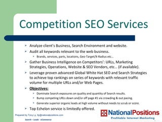 Competition SEO Services Prepared by Tony Ly,  [email_address] Search – Leads - eCommerce   ,[object Object],[object Object],[object Object],[object Object],[object Object],[object Object],[object Object],[object Object],[object Object],[object Object]