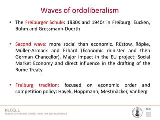 Waves of ordoliberalism
• The Freiburger Schule: 1930s and 1940s in Freiburg: Eucken,
Böhm and Grossmann-Doerth
• Second wave: more social than economic. Rüstow, Röpke,
Müller-Armack and Erhard (Economic minister and then
German Chancellor). Major impact in the EU project: Social
Market Economy and direct influence in the drafting of the
Rome Treaty
• Freiburg tradition: focused on economic order and
competition policy: Hayek, Hoppmann, Mestmäcker, Vanberg
 