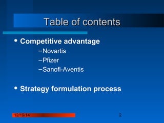 12/19/14 2
Table of contentsTable of contents
 Competitive advantage
–Novartis
–Pfizer
–Sanofi-Aventis
 Strategy formulation process
 
