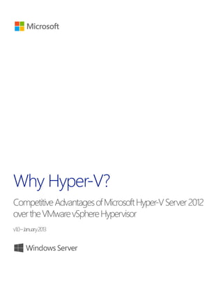 Why Hyper-V?
CompetitiveAdvantagesofMicrosoftHyper-VServer2012
overtheVMwarevSphereHypervisor
v1.0–January2013
 