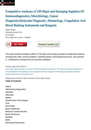Competitive Analyses of 100 Major and Emerging Suppliers Of
Immunodiagnositcs, Microbiology, Cancer
Diagnostic,Molecular Diagnostic, Hematology, Coagulation And
Blood Banking Instruments and Reagents
Report Details:
Published:October 2012
No. of Pages:
Price: Single User License – US$8500




This report presents strategic profiles of 100 major and emerging suppliers of diagnostic products,
including their sales, product portfolios, marketing tactics, technological know-how, new products
in , collaborative arrangements and business strategies.


Get your copy of this report @
http://www.reportsnreports.com/reports/196106-competitive-analyses-of-100-major-and-emerging-suppliers-of-
immunodiagnositcs-microbiology-cancer-diagnosticmolecular-diagnostic-hematology-coagulation-and-blood-
banking-instruments-and-reagents.html

Major points covered in Table of Contents of this report include
Table of Contents


Abbott
ADI/America Diagnostica
AdnaGen
Affymetrix
Agilent
Applied Gene Technologies
Arca
Axis-Shield
Bayer Healthcare
Beckman Coulter/Danaher
Becton Dickinson
Bio/Data
Biokit
Biomedical Diagnostics
 