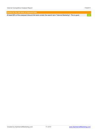 Internet Competitive Analysis Report                                                                           7/5/2011

Advice for the link texts of inbound links
At least 80% of the analyzed inbound link texts contain the search term "Internet Marketing". This is good.        OK




Created by SplinternetMarketing.com                     11 of 61                           www.SplinternetMarketing.com
 