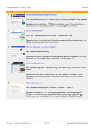 Internet Competitive Analysis Report                                                                             7/5/2011

Your competitors for the search term "Internet Marketing" on Google.com (without Places)
 4                          http://www.freeinternetmarketingcourses.com/


                            Title: Internet Marketing - How To Start And Grow Your Internet Business - Online Marketing


                            Description: Internet Marketing - FREE Internet Marketing course. Find out how I turned a
                            simple idea into over a million dollar a year business using Online Marketing


 5                          http://courtneytuttle.com/


                            Title: Court's Internet Marketing School - How To Make Money Online


                            Description: Court's Internet Marketing School provides you with free, detailed lessons that
                            will help you to learn how to make money online.


 6                          http://www.affordable-internet-marketing.com/


                            Title: Affordable Internet Marketing


                            Description: Affordable Internet Marketing about Internet Marketing Strategies, Techniques,
                            Tips And Tricks Every Website Owner Must Know To Be Successful Too


 7                          http://www.wilsonweb.com/


                            Title: Web Marketing Today - E-Mail Marketing, Internet Marketing, E-Commerce - Wilson
                            Internet


                            Description: E-commerce, e-mail marketing, and web marketing information for small
                            business entrepreneurs, researchers, non-profits, and merchants interested in Internet
                            marketing.


 8                          http://www.toputop.com/


                            Title: Internet Marketing Company | Marketing Companies : Toputop™


                            Description: Toputop.com™ is a Internet marketing company India,Online Marketing
                            Company,Internet Marketing companies,Search Engine Optimization , Search Engine
                            Marketing can make your company in top in search engines like Google,Yahoo,MSN




Created by SplinternetMarketing.com                      3 of 61                          www.SplinternetMarketing.com
 