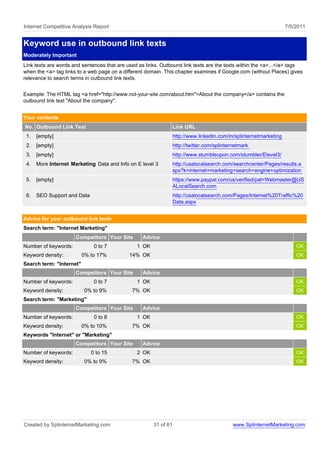 Internet Competitive Analysis Report                                                                                7/5/2011


Keyword use in outbound link texts
Moderately Important
Link texts are words and sentences that are used as links. Outbound link texts are the texts within the <a>...</a> tags
when the <a> tag links to a web page on a different domain. This chapter examines if Google.com (without Places) gives
relevance to search terms in outbound link texts.


Example: The HTML tag <a href="http://www.not-your-site.com/about.htm">About the company</a> contains the
outbound link text "About the company".


Your contents
No. Outbound Link Text                                            Link URL
 1.   [empty]                                                     http://www.linkedin.com/in/splinternetmarketing
 2.   [empty]                                                     http://twitter.com/splinternetmark
 3.   [empty]                                                     http://www.stumbleupon.com/stumbler/Elevel3/
 4.   More Internet Marketing Data and Info on E level 3          http://usalocalsearch.com/searchcenter/Pages/results.a
                                                                  spx?k=internet+marketing+search+engine+optimization
 5.   [empty]                                                     https://www.paypal.com/us/verified/pal=Webmaster@US
                                                                  ALocalSearch.com
 6.   SEO Support and Data                                        http://usalocalsearch.com/Pages/Internet%20Traffic%20
                                                                  Data.aspx


Advice for your outbound link texts
Search term: "Internet Marketing"
                      Competitors Your Site       Advice
Number of keywords:           0 to 7            1 OK                                                                    OK
Keyword density:          0% to 17%          14% OK                                                                     OK
Search term: "Internet"
                      Competitors Your Site       Advice
Number of keywords:           0 to 7            1 OK                                                                    OK
Keyword density:           0% to 9%           7% OK                                                                     OK
Search term: "Marketing"
                      Competitors Your Site       Advice
Number of keywords:           0 to 8            1 OK                                                                    OK
Keyword density:          0% to 10%           7% OK                                                                     OK
Keywords "Internet" or "Marketing"
                      Competitors Your Site       Advice
Number of keywords:          0 to 15            2 OK                                                                    OK
Keyword density:           0% to 9%           7% OK                                                                     OK




Created by SplinternetMarketing.com                    31 of 61                              www.SplinternetMarketing.com
 