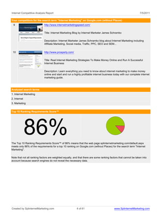 Internet Competitive Analysis Report                                                                               7/5/2011

Your competitors for the search term "Internet Marketing" on Google.com (without Places)
 9                           http://www.internetmarketingspeed.com/


                             Title: Internet Marketing Blog by Internet Marketer James Schramko


                             Description: Internet Marketer James Schramko blog about Internet Marketing including
                             Affiliate Marketing, Social media, Traffic, PPC, SEO and SEM...


 10                          http://www.prosperly.com/


                             Title: Real Internet Marketing Strategies To Make Money Online and Run A Successful
                             Internet Business


                             Description: Learn everything you need to know about internet marketing to make money
                             online and start and run a highly profitable internet business today with our complete internet
                             marketing guide.



Analyzed search terms
1. Internet Marketing
2. Internet
3. Marketing


Top 10 Ranking Requirements Score™




              86%
The Top 10 Ranking Requirements Score™ of 86% means that the web page splinternetmarketing.com/default.aspx
meets only 86% of the requirements for a top 10 ranking on Google.com (without Places) for the search term "Internet
Marketing".


Note that not all ranking factors are weighted equally, and that there are some ranking factors that cannot be taken into
account because search engines do not reveal the necessary data.




Created by SplinternetMarketing.com                       4 of 61                           www.SplinternetMarketing.com
 