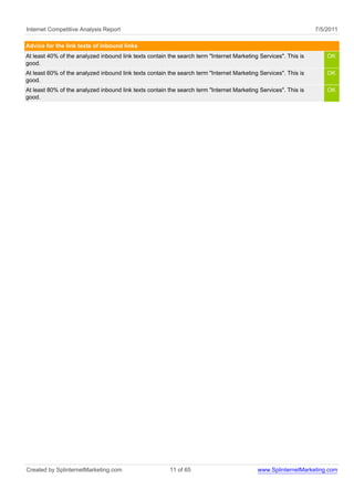Internet Competitive Analysis Report                                                                             7/5/2011

Advice for the link texts of inbound links
At least 40% of the analyzed inbound link texts contain the search term "Internet Marketing Services". This is       OK
good.
At least 60% of the analyzed inbound link texts contain the search term "Internet Marketing Services". This is       OK
good.
At least 80% of the analyzed inbound link texts contain the search term "Internet Marketing Services". This is       OK
good.




Created by SplinternetMarketing.com                     11 of 65                           www.SplinternetMarketing.com
 