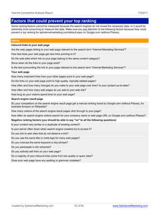 Internet Competitive Analysis Report                                                                            7/5/2011


Factors that could prevent your top ranking
Some ranking factors cannot be measured because the search engines do not reveal the necessary data, or it would be
extremely time-consuming to measure the data. Make sure you pay attention to the following factors because they could
prevent a top ranking for splinternetmarketing.com/default.aspx on Google.com (without Places).


Advice
Inbound links to your web page
Are the web pages linking to your web page relevant to the search term "Internet Marketing Services"?
How fast does your web page get new links pointing to it?
Do the web sites which link to your page belong to the same content category?
Since when do the links to your page exist?
Is the text surrounding the link to your page relevant to the search term "Internet Marketing Services"?
Your web page
How many important links from your other pages point to your web page?
Do the links on your web page point to high quality, topically-related pages?
How often and how many changes do you make to your web page over time? Is your content up-to-date?
How often and how many web pages do you add to your web site?
How long do your visitors spend time on your web page?
Search engine result page
Do your competitors on the search engine result page get a manual ranking boost by Google.com (without Places), for
example Amazon or Wikipedia?
How many visitors of the search engine result pages click through to your page?
How often do search engine visitors search for your company name or web page URL on Google.com (without Places)?
Negative ranking factors (you should be able to say "no" to all the following questions)
Is your content very similar or a duplicate of existing content?
Is your server often down when search engine crawlers try to access it?
Do you link to web sites that do not deserve a link?
Do you use the same title or meta tags for many web pages?
Do you overuse the same keyword or key phrase?
Do you participate in link schemes?
Do you actively sell links on your web page?
Do a majority of your inbound links come from low quality or spam sites?
Does your web page have any spelling or grammar mistakes?




Created by SplinternetMarketing.com                       53 of 65                          www.SplinternetMarketing.com
 
