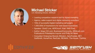 Michael Stricker
U.S. Marketing Director, SEMrush
• Leading competitive research tool for digital marketing
• Agency, sale...