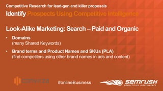 Competitive Research for lead-gen and killer proposals
Identify Prospects Using Competitive Intelligence
Look-Alike Market...